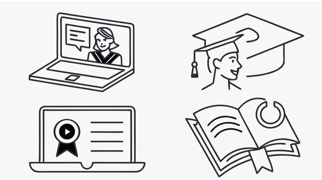 Minimalist online learning icons showing laptop, graduation cap, book, and video tutorial symbols. Modern vector line art.