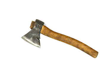 Old rusty axe isolated on white background