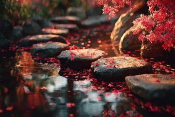 Stone path through tranquil stream covered in fallen red maple leaves in peaceful Japanese garden during autumn