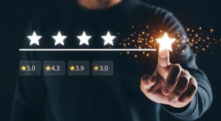 Customer satisfaction is measured by a fivestar rating system, with a finger pointing to the highest star, symbolizing excellent feedback and positive reviews