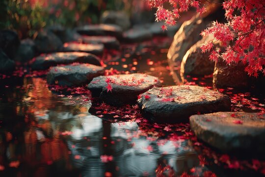 Stone path through tranquil stream covered in fallen red maple leaves in peaceful Japanese garden during autumn