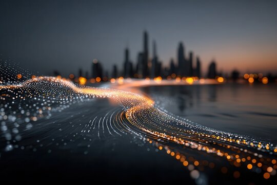 Abstract representation of Dubai at night showing data streams or connected networks near the water