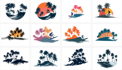 Collection of surfing scene with palm trees and sunset, isolated on white background