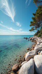 Obraz premium Serene coastal landscape with smooth stones and clear blue waters