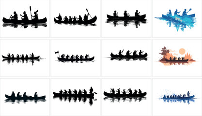 Fototapeta premium Collection of dragon boat racing team silhouette, isolated on white background