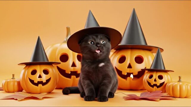 A cute black kitten wearing a small witch hat sits in the center of a cozy Halloween scene