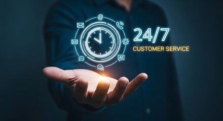 Customer service 247 concept with glowing clock icon and communication symbols floating above an open hand, representing constant availability and support