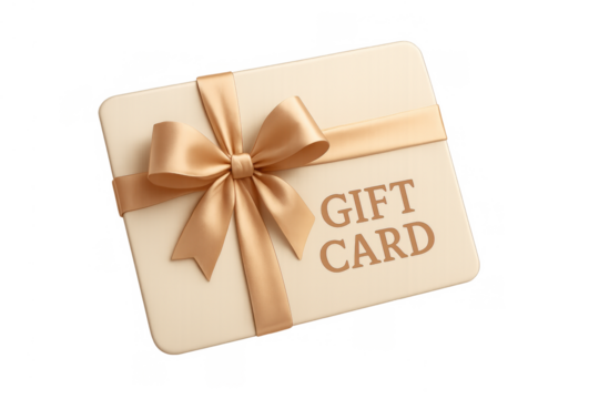 Gift card with golden ribbon bow delivering shopping, celebration, and reward concepts on transparent background - Powered by Adobe