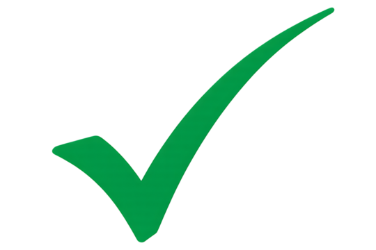 A bold green check mark symbol indicating success or completion isolated on transparent background