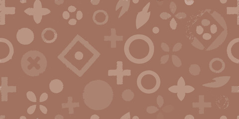 Seamless pattern of abstract geometric shapes and symbols in muted brown tones with a textured effect