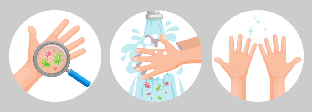 Dirty hands, hands washing  with soap and foam under running water, clean hands. Concept of health and hygiene. Personal hygiene, prevent viruses and bacterias