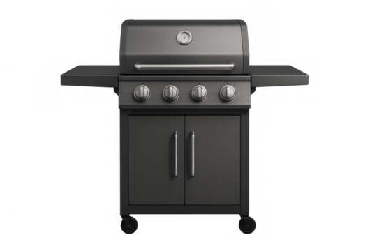 Modern black gas barbecue grill for outdoor cooking and summer parties, featuring temperature gauge and control knobs. Transparent background