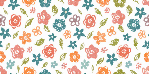 Hand drawn floral pattern with a charming rustic aesthetic in muted pastel colors