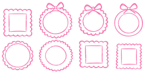 Collection of eight pink hand drawn decorative frames and borders with scalloped edges and bows