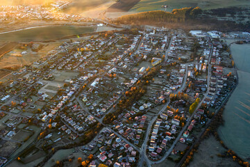 view of the village of Velka Lomnica in autumn from a balloon