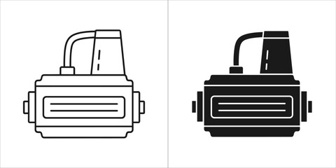 Industrial pump icon, black and white line art and solid silhouette
