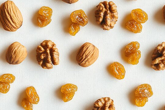 A precise geometric pattern made from walnuts and golden raisins, forming a tessellation on a white canvas.