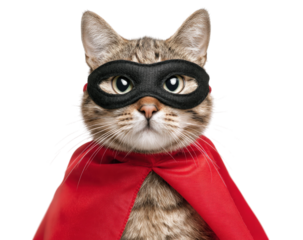 Heroic Feline Vigilante Cat with Red Cape and Mask Superpower Animal Companion Pet