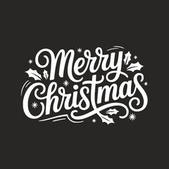 White merry christmas text with snowflakes and holly leaves on a dark gray background design art
