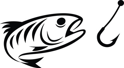 Stylized black fish leaping dynamically towards a sharp fishing hook against a clean white background symbolizing pursuit and angling