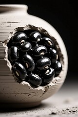 Close-up view of black beans in a textured ceramic bowl
