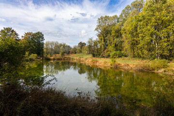 Photo of a Rural Pond in the fall with turning leaves with reflections on a sunny afternoon.