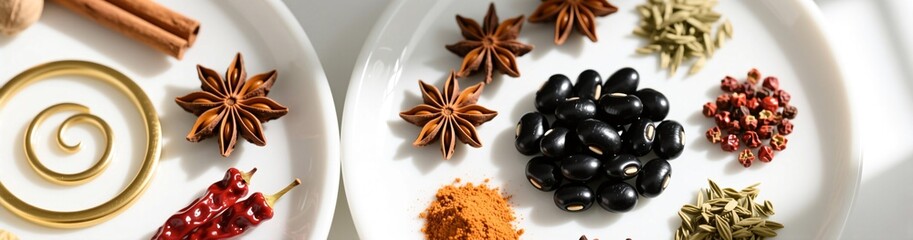 Assorted spices and herbs on white plates with star anise and black beans