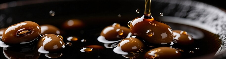Close-up of soy sauce pouring over soybeans in black bowl