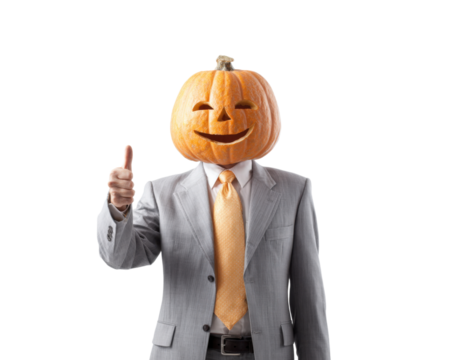 Pumpkin Head Businessman Giving Thumbs Up Halloween Fun Autumn Season Success - Powered by Adobe