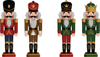 Nutcracker figurines set, traditional Christmas decoration, festive holiday soldiers, colorful uniforms, seasonal decor, wooden toy figures, cheerful holiday design, Christmas classic