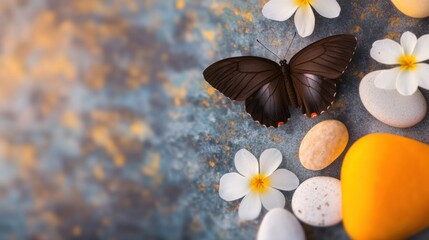 Fototapeta premium Butterfly perched among flowers and pebbles in a serene setting