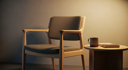 Fototapeta premium Wooden chair with a gray cushion next to a small round table featuring a mug and a closed book in a softly lit setting.