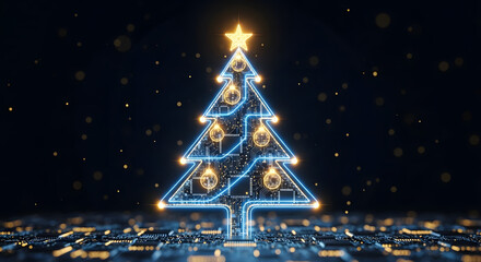 Christmas tree made of glowing digital lines and circuits