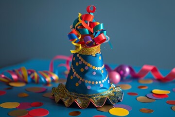 Blue party hat with colorful ribbons and confetti on a blue background, celebrating a festive occasion