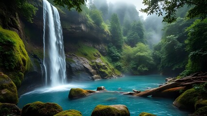 Tropical Waterfall Landscape with Crystal Blue Water and Lush Green Forest.