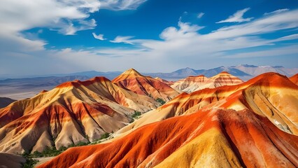 Colorful Rainbow Mountains Under Bright Blue Sky Scenic Landscape.