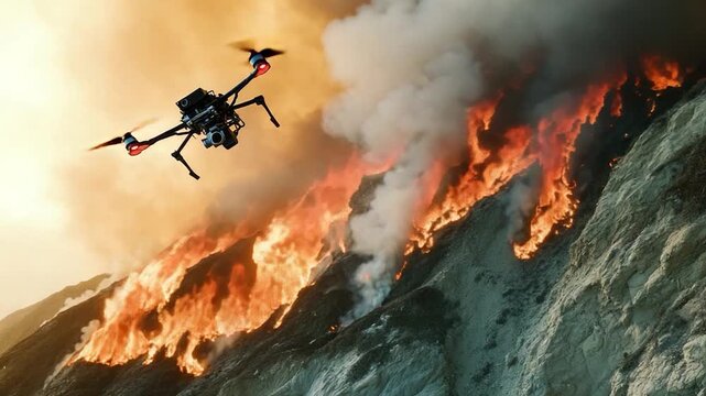A helicopter flies close to a raging fire, potentially assisting in firefighting efforts