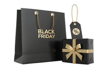 Black friday sale shopping bag gift box tag discount promotion retail marketing commerce advertisement