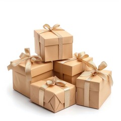 Beige gift boxes isolated on white for Christmas and New Year, perfect for festive social media content, e-commerce mockups, and holiday promotions.
