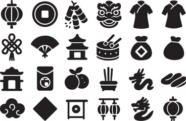 Chinese new year celebration icons isolated on white background collection of lantern, coin, firecracker, dragon, knot, temple, drum, and other elements