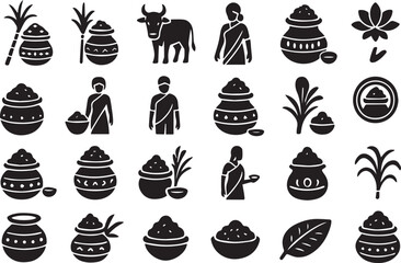 Collection of pongal icons isolated on white background includes pot, sugar cane, cow, woman, kolam, and other traditional elements of the harvest festival