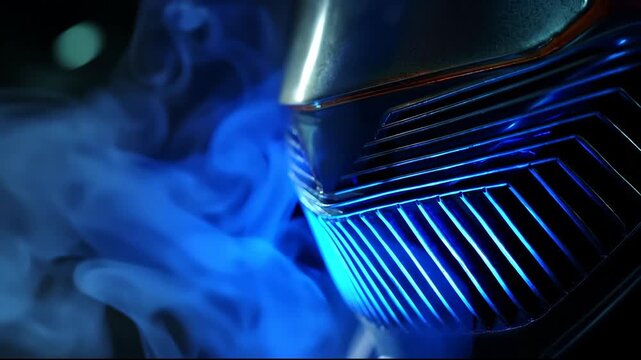 Futuristic Machine Component Emitting Blue Vapor in Darkness.