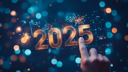 Hand touching glowing digital year 2025 with abstract bokeh lights new year future
