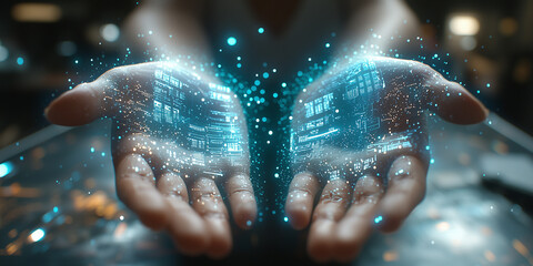 person holding computer screen, circuit design in center, black and gray color scheme, modern 3D render, high-tech feel, suitable for website banner, social media header, app UI background