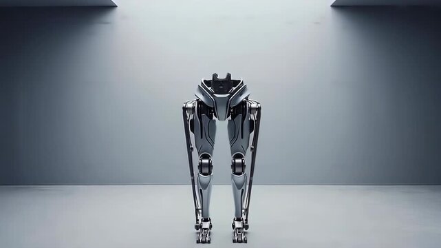Futuristic robotic legs in a stark, minimalistic setting, designed with sleek metallic elements