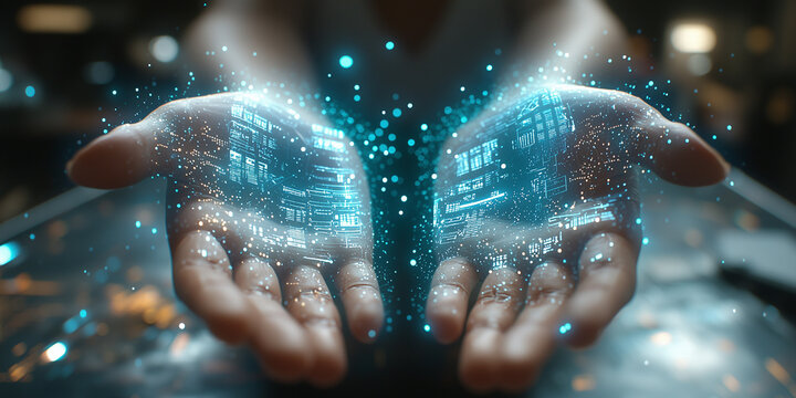 person holding computer screen, circuit design in center, black and gray color scheme, modern 3D render, high-tech feel, suitable for website banner, social media header, app UI background