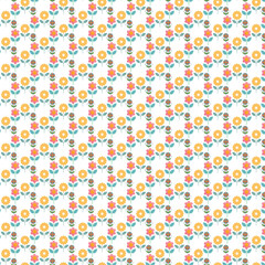Layered Coral & Yellow Floral Diamond Grid Seamless Vector Pattern
