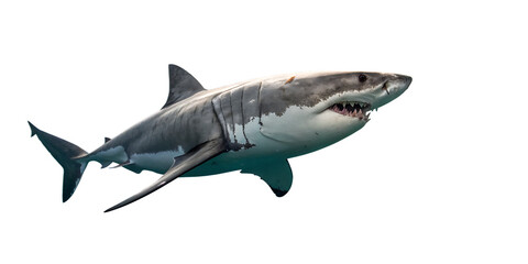 Obraz premium Great White Shark Isolated on White Background – Powerful Ocean Predator with Sharp Teeth, Underwater Wildlife Marine Animal for Nature, Sea Life, and Educational Design Concepts