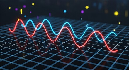 Abstract visualization of two glowing sine waves on a grid, representing data or sound.