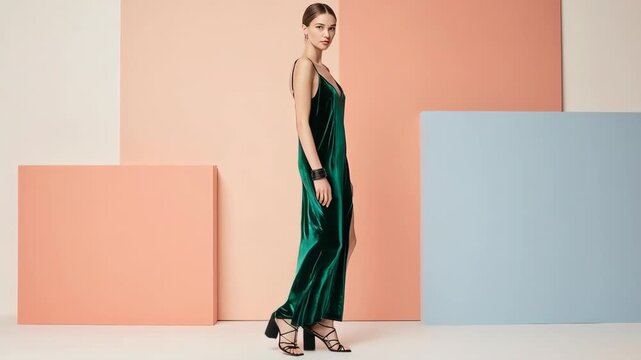 Elegant woman in a green gown posing in front of an abstract backdrop. 